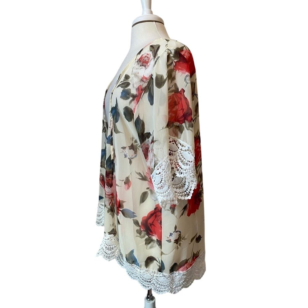 Women's L Boho‎ Floral Sheer Lace Open Front Kimono Cover Up Beach Travel